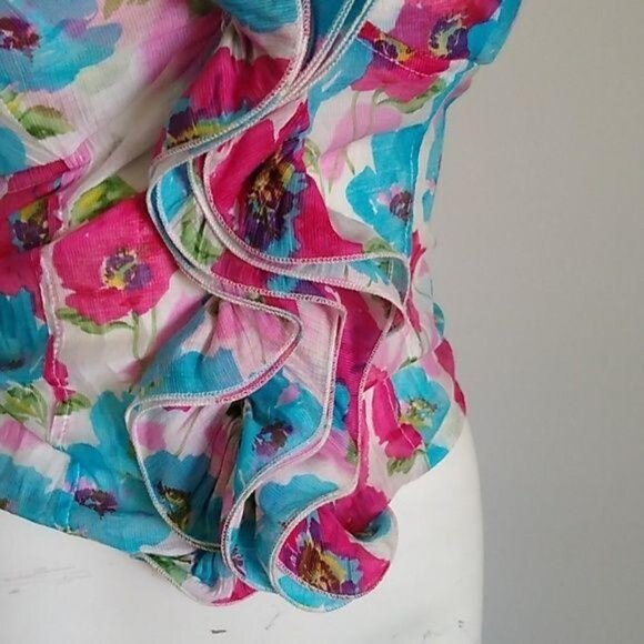 Point Halter Top Ruffle Blue Pink Floral Womens Sm - Picture 2 of 7